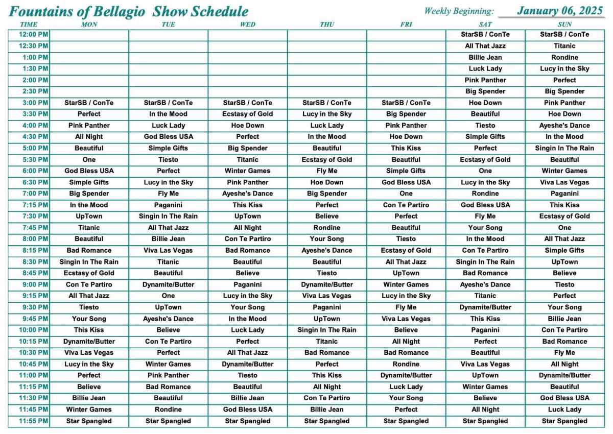 Bellagio Fountain Schedule & Song List (2025 Show Times) 3 Bellagio Fountain show time schedule and song list for 2025