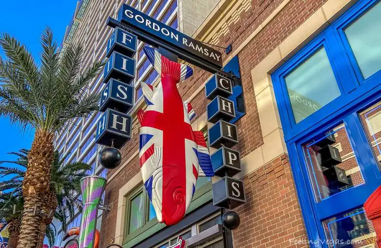 Gordon Ramsay Fish & Chips sign outside restaurant in the LINQ Promenade.