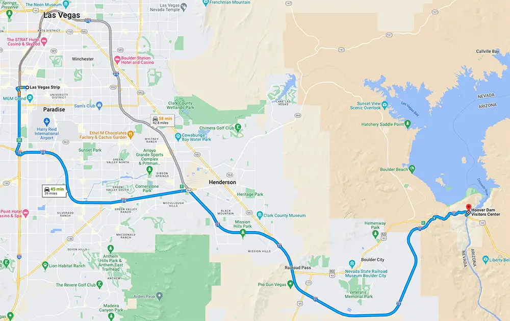 Is It Free to Visit the Hoover Dam? (What You Need to Know) 5 Map showing directions to Hoover Dam from the Las Vegas Strip