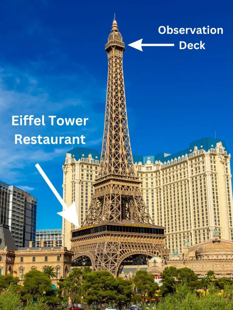 Why Is There an Eiffel Tower in Las Vegas? (Vegas Attractions) 3 Eiffel Tower in Las Vegas showing where the viewing deck and the Eiffel Tower Restaurant are located.