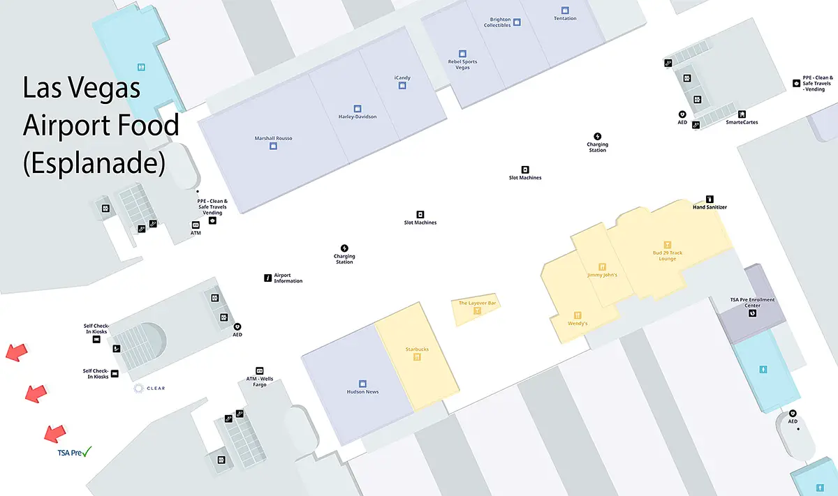 Las Vegas Airport Food (Where to Eat at LAS) 9 Map showing Las Vegas airport food before TSA security in the Esplanade