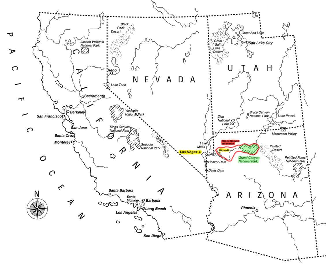 Is The Grand Canyon in Las Vegas, Nevada? 2 Map of the states of California, Nevada, Utah and Arizona showing the boundary lines of Las Vegas and the Grand Canyon.