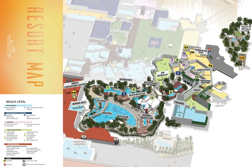 Mandalay Bay Pool: 31 Things You Should Know About The Pools at Mandalay Bay Beach (Las Vegas) 2 A map of the Mandalay Bay pool area detailing the pools, clubs, bars, and restaurants.