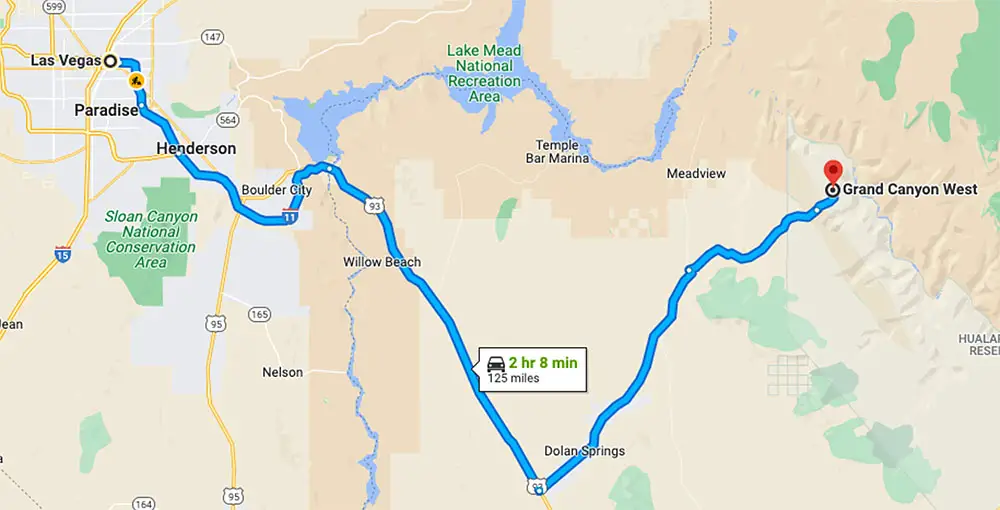 Las Vegas or Phoenix to The Grand Canyon? (Where to Start) 13 Las Vegas to Grand Canyon West map