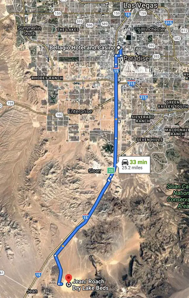 Jean Dry Lake Bed (Directions, Camping, Hotels) 2 Map showing route from Las Vegas to Jean/Roach Dry Lake Beds entrance.