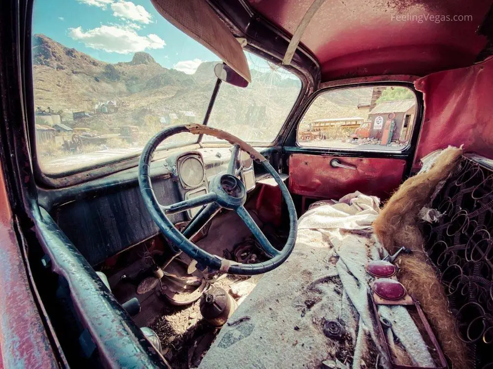 Nelson Ghost Town (Las Vegas Day Trip) With Photos 5 Interior of abandoned truck in Nelson ghost town.