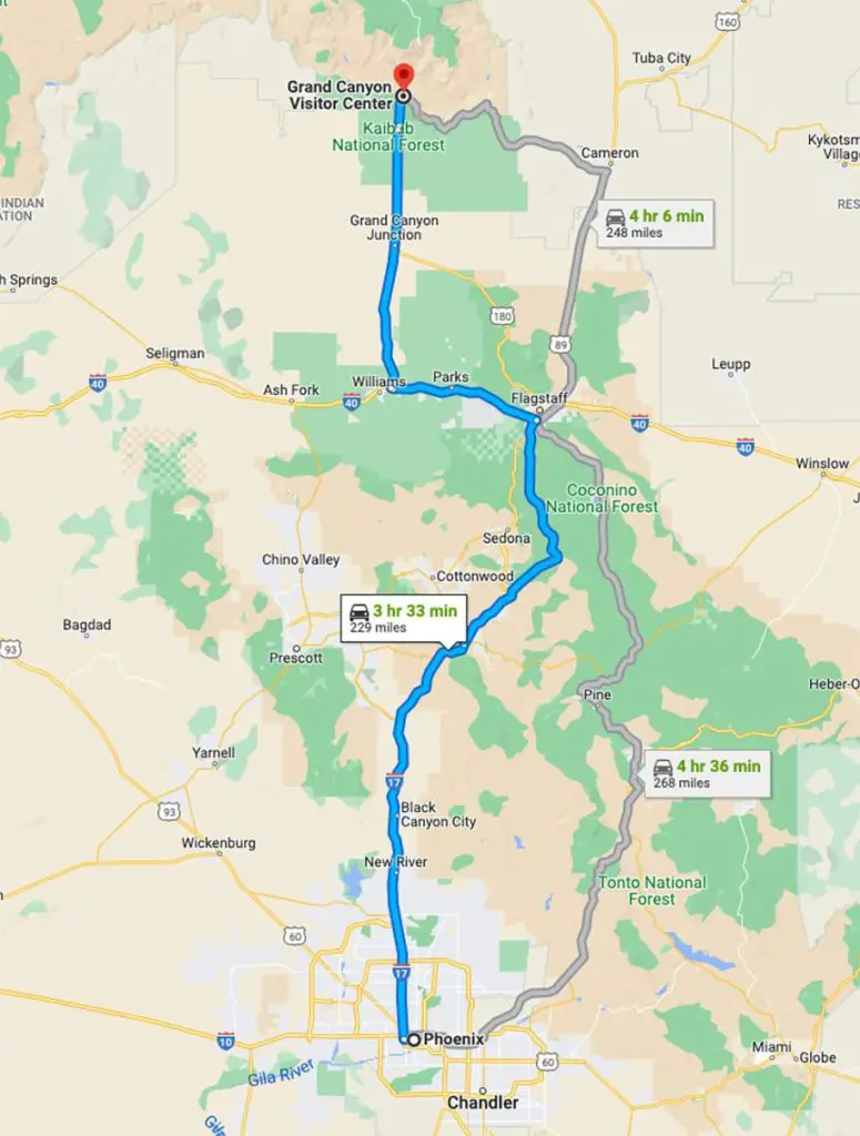 Las Vegas or Phoenix to The Grand Canyon? (Where to Start) 2 Phoenix to Grand Canyon South Rim map