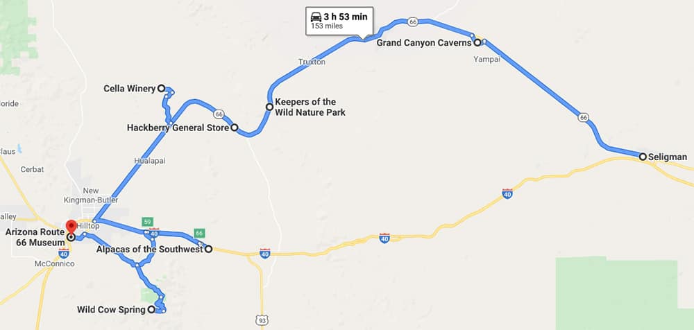 Route 66: Seligman to Kingman to Las Vegas - Things to Do On the Way 3 Map detail of points of interest on Route 66 from Seligman, AZ to Kingman, AZ