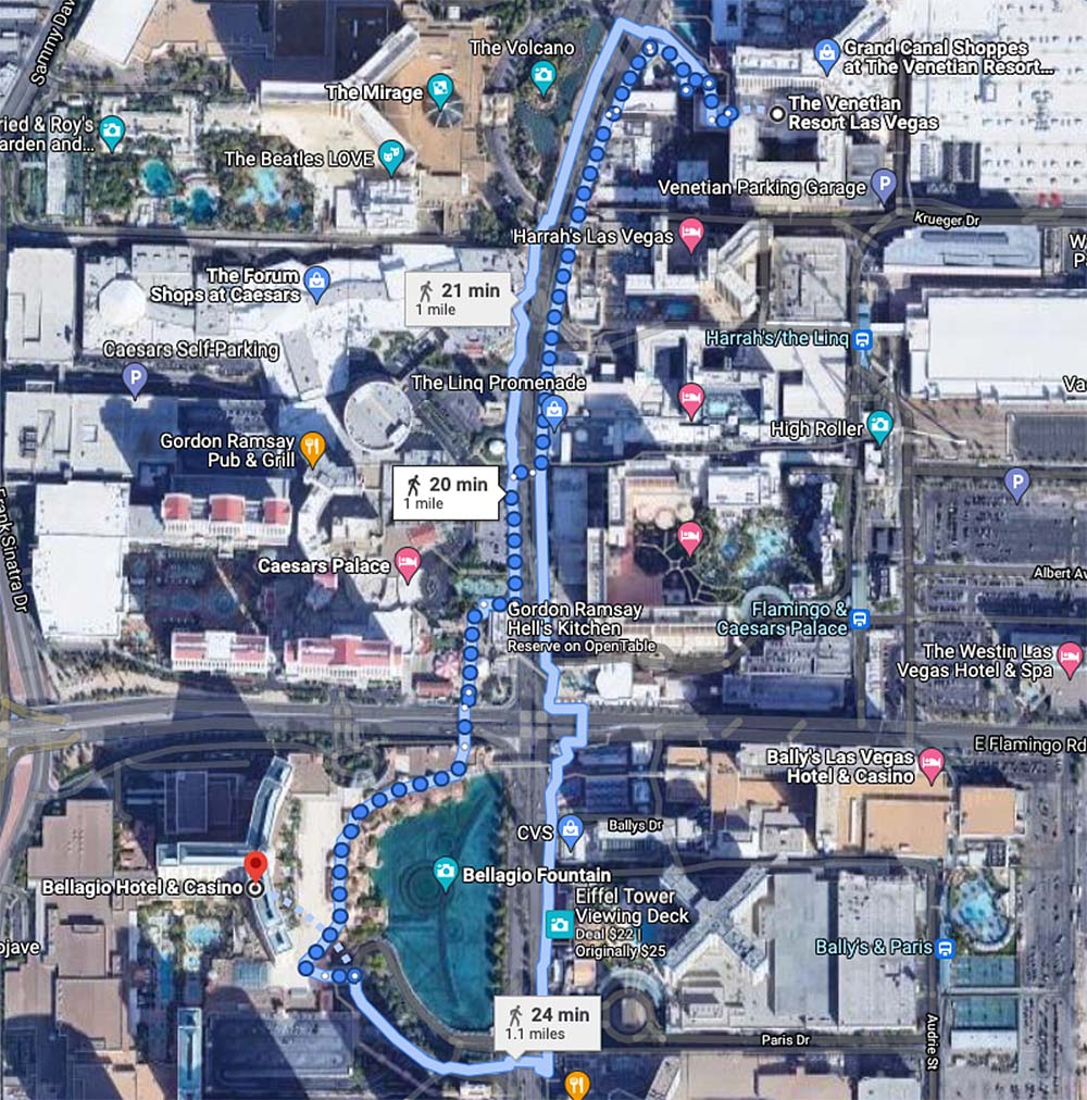 Walking From The Venetian to The Bellagio (Fastest & Scenic) 2 A walking map from The Venetian to The Bellagio on the Las Vegas Strip.