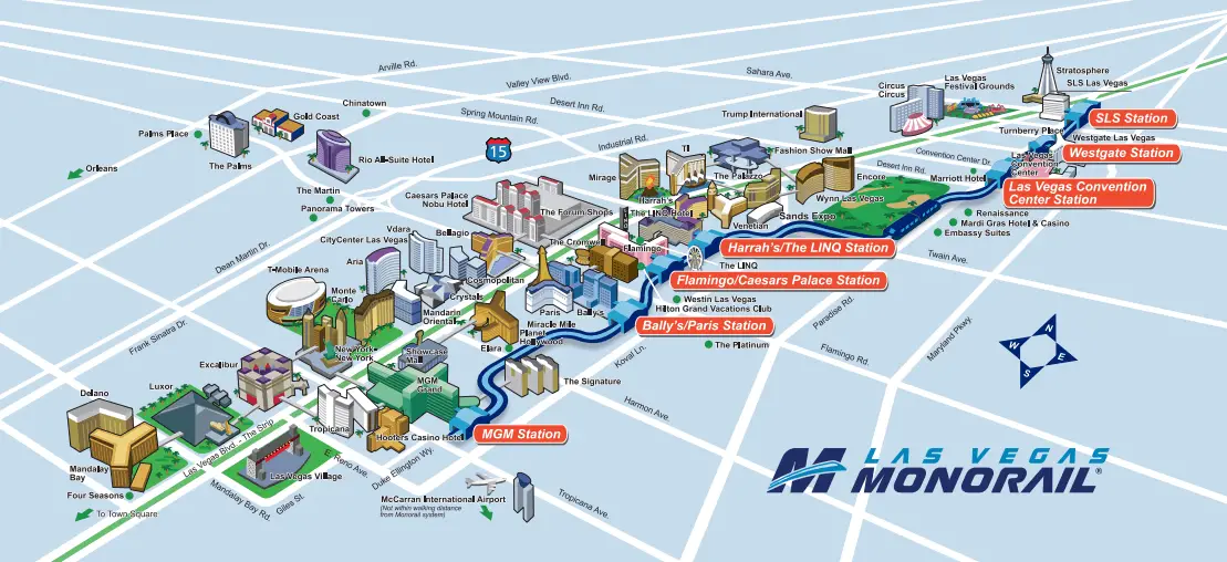 Las Vegas Strip Map 2024: (Casino Hotel Map | Printable PDF) 3 las vegas strip monorail map showing hotel stations